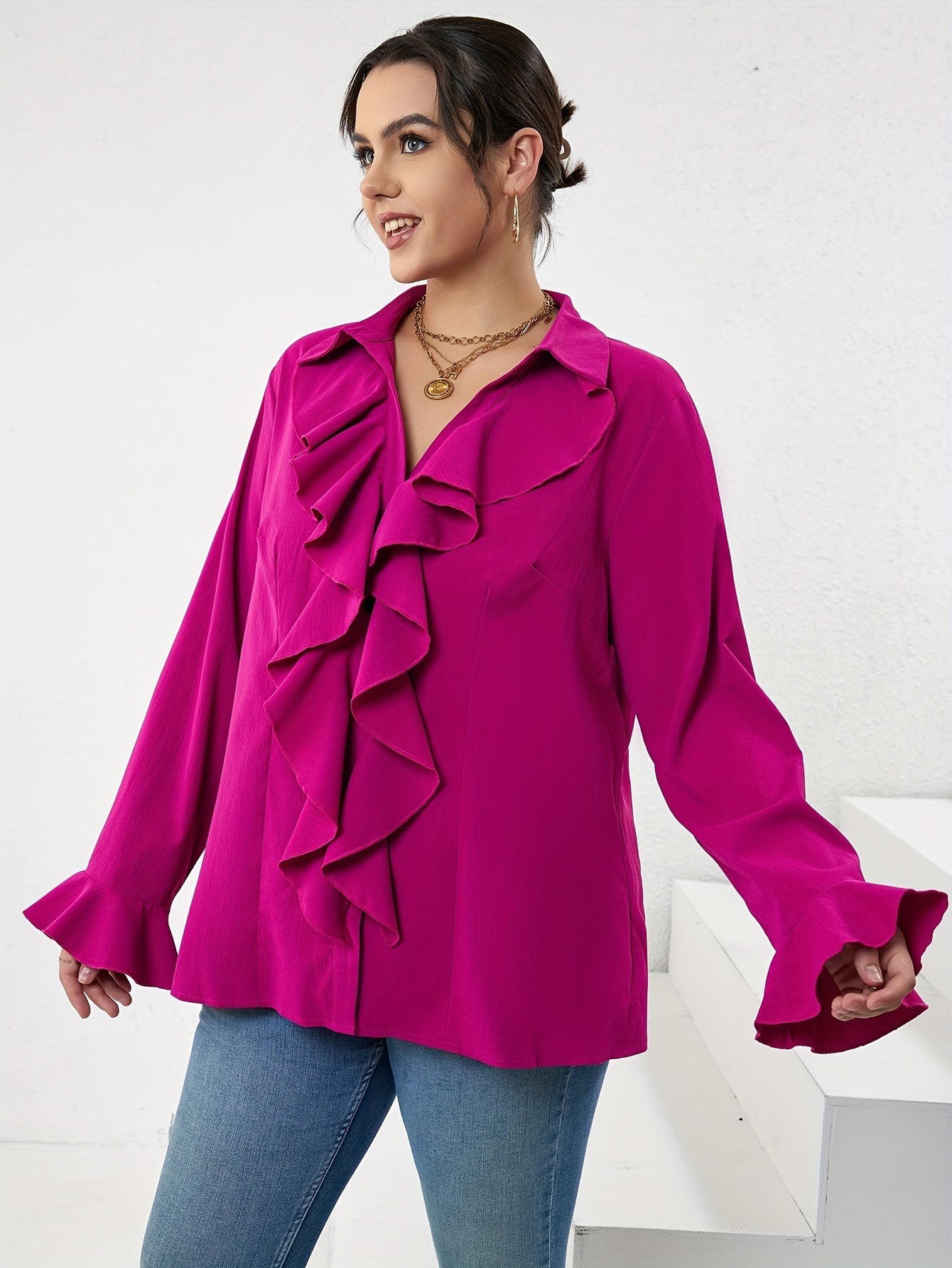 Casual Blouse Women's Plus Solid Ruffle Trim Button Up Bell Sleeve
