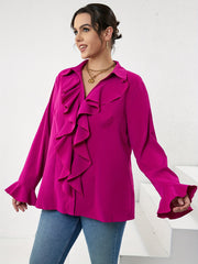 Casual Blouse Women's Plus Solid Ruffle Trim Button Up Bell Sleeve