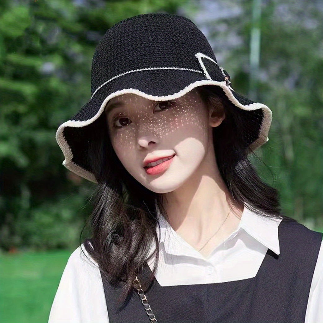 Ruffles Knit Bucket Hat with Bow Hollow Crochet Sun Hat