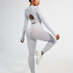 2pcs Slim Fit Yoga Sports Set Solid Long Sleeve Crop Tops & High Waist