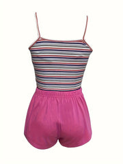 Colorblock Striped Pajama Set Sleeveless Cami Top & Shorts Women's Loungewear