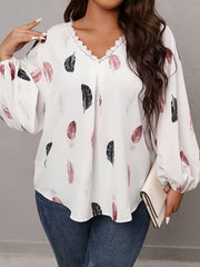 Women's Plus Feather Print Lace Trim Long Sleeve V Neck Tunic Top