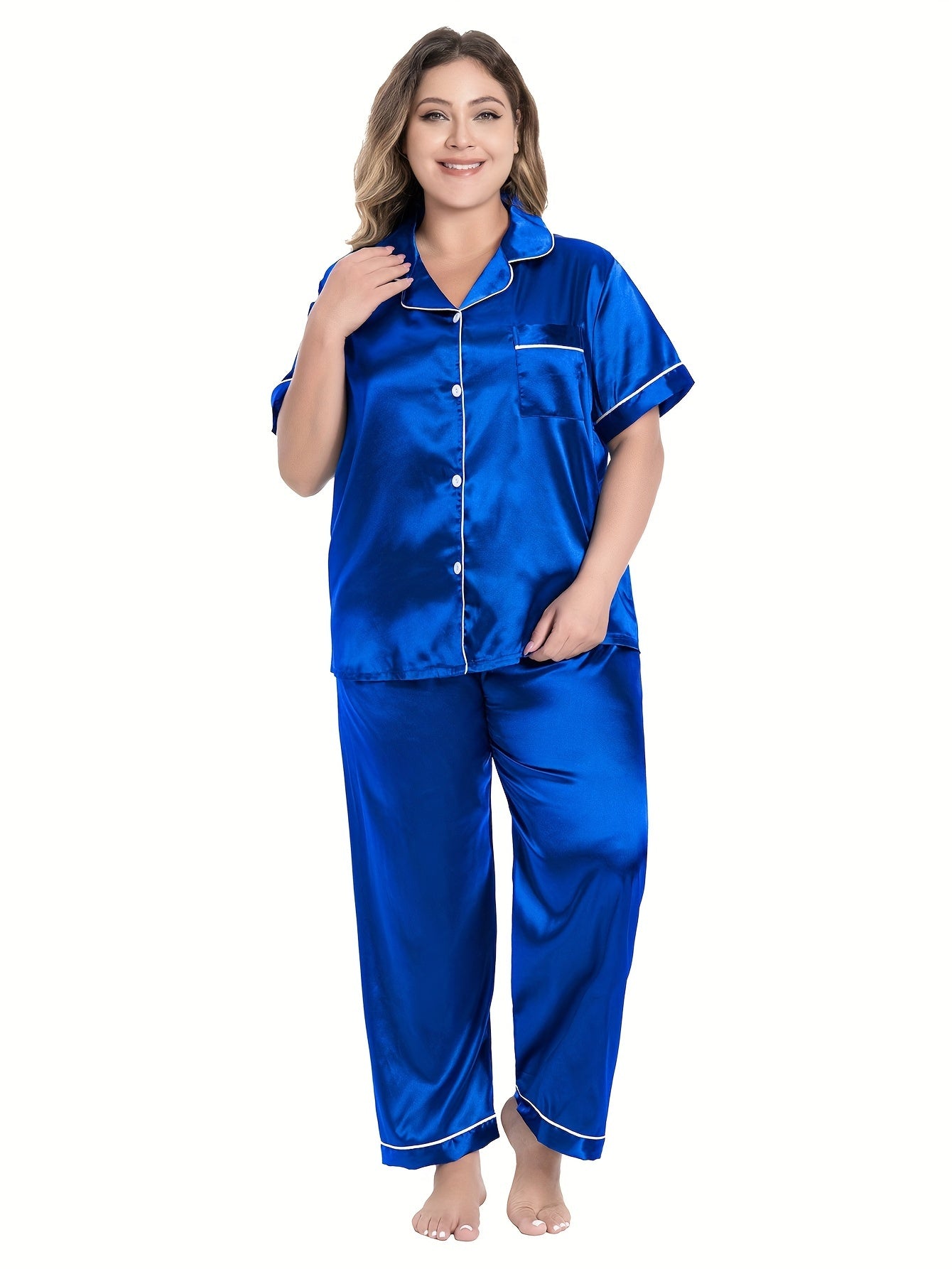 Party Pajamas Set Women's Plus Satin Shirt & Pants 2 Piece Set