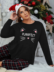 Women's Plus Size Letter & Cat Print Long Sleeve Loungewear Top