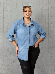 Preppy Denim Top Women's Button Up Roll Sleeve Turn Collar Blouse