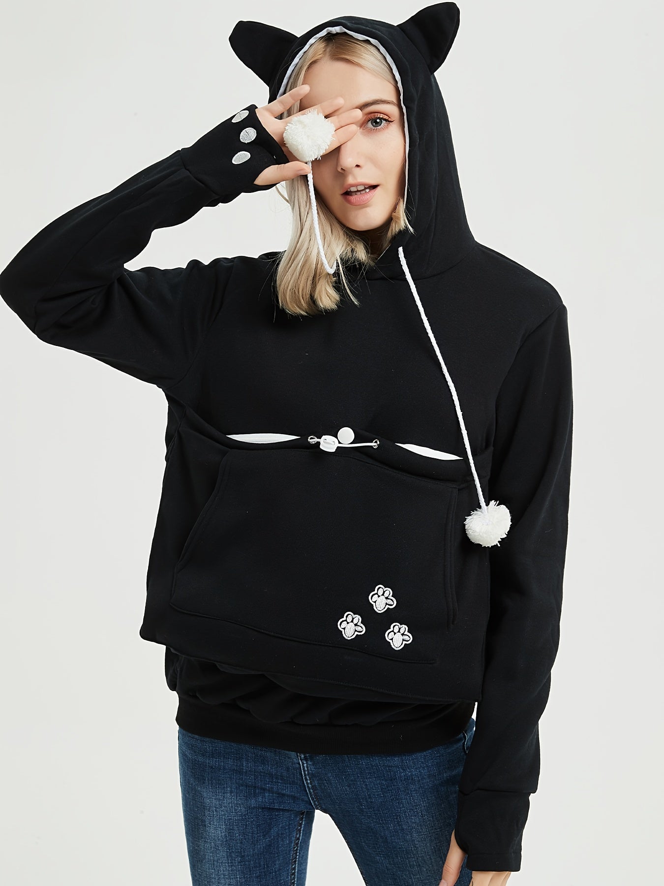 Cat Paw Pattern Pocket Hoodie Long Sleeve Hoodies