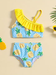 2pcs Girls Ruffled Trim Cami Top & Pineapple Shorts Bikini Set