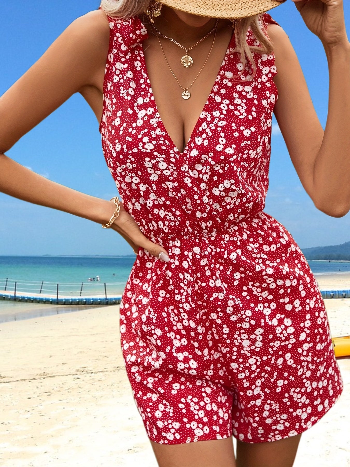 Floral Print V Neck Romper Jumpsuit Sleeveless Sexy Women's Clothing