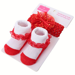 Baby Girl Cotton Princess Flip Bow Knot Lace Crew Socks & Bow Headband Set