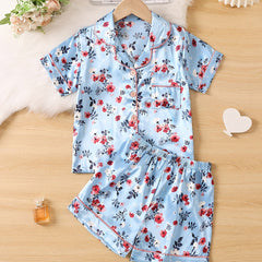 Girls Flowers Pajamas Set Short Sleeve Top & Shorts Sleepwear
