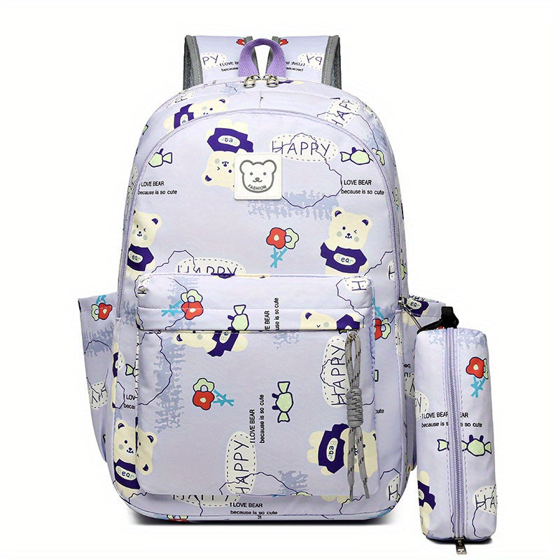 Bear Print Large Capacity Preppy Backpack Pencil Case Pendant Set