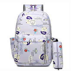 Bear Print Large Capacity Preppy Backpack Pencil Case Pendant Set
