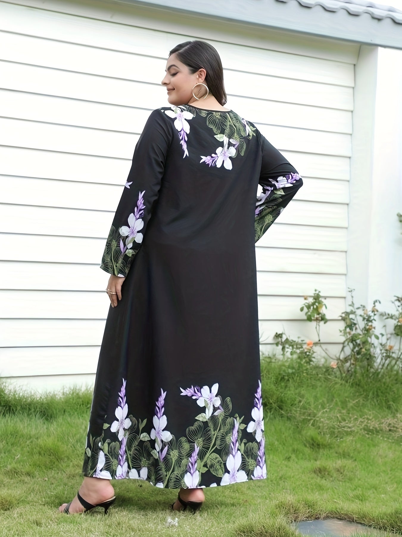 Boho Dress Women's Plus Floral Print Long Sleeve Maxi Dress