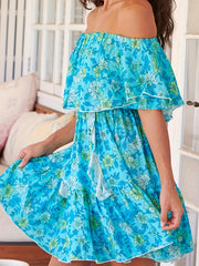 Boho Dress Women's Plus Floral Print Ruffle Trim Off Shoulder A line Mini Dress
