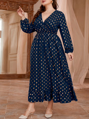 Plus Dot Print Long Sleeve Maxi Dress