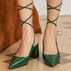 Strappy Chunky Heel Slingback Lace Up PU Leather Pumps