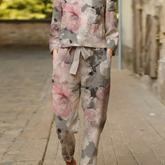 Women's Plus Floral Print Round Neck Top & Drawstring Pants Set