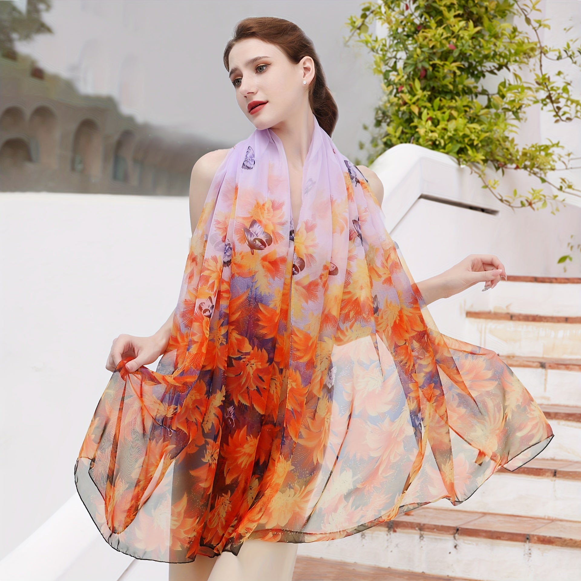 Tropical Floral Printed Silk Scarf Wrap Head Wrap Gift for Mother