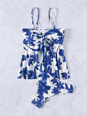 Floral Print Bow Tie Tankini Set Spaghetti Strap Ruffle Cami Top & Swim Briefs
