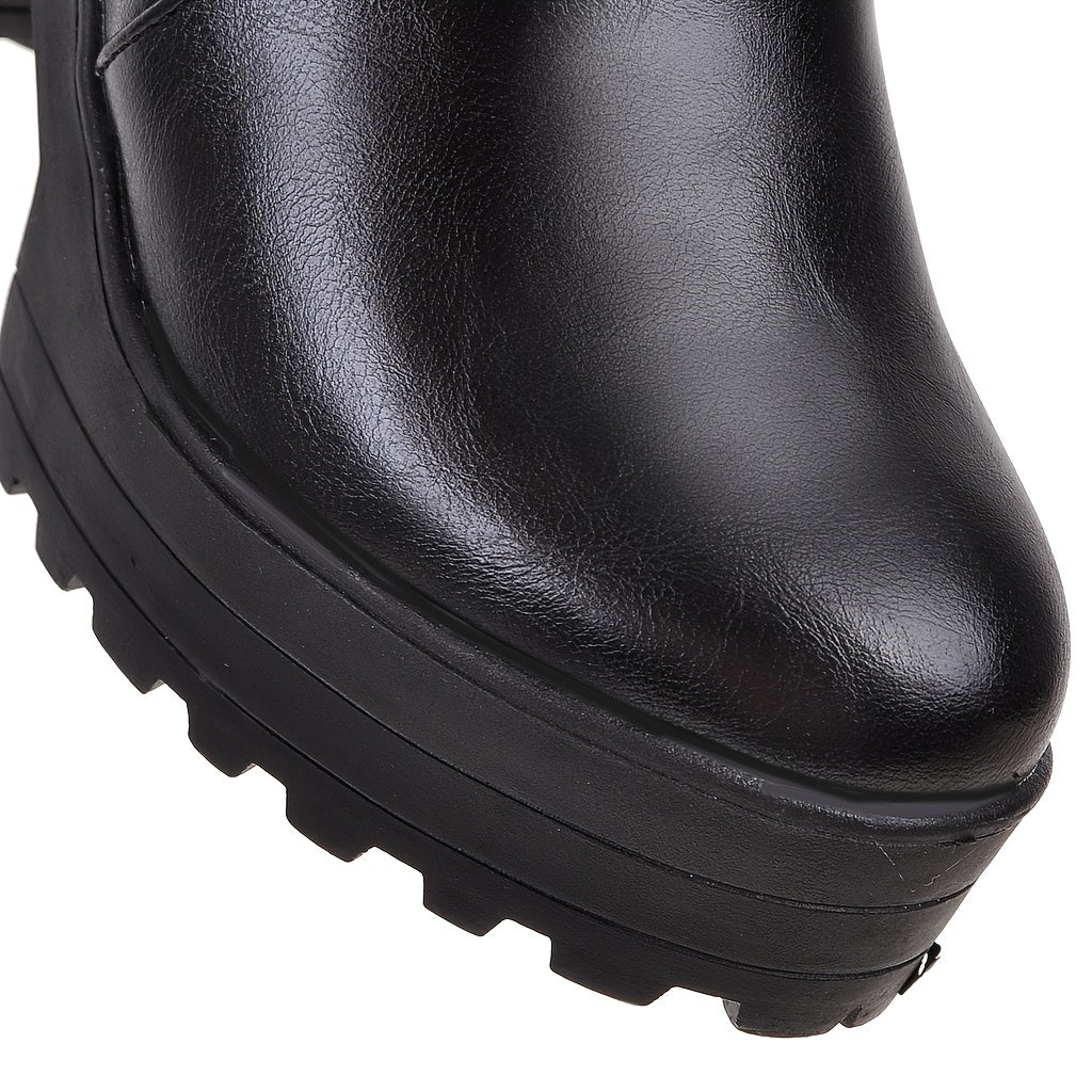 Waterproof Zipper High Heel Ankle Boots Faux Leather Shoes