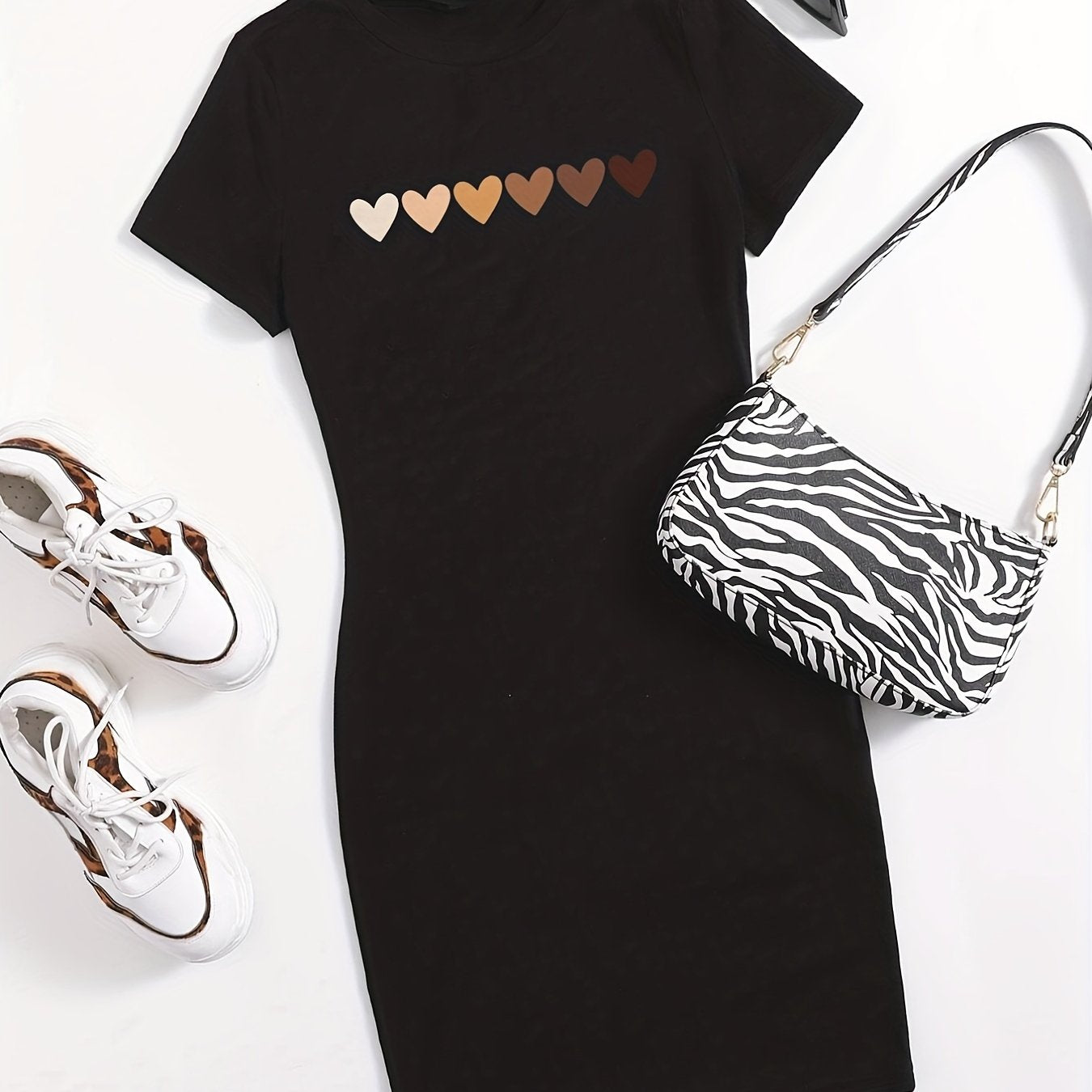 Heart Print Bodycon Dress Short Sleeve for Spring & Summer