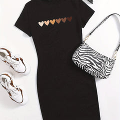 Heart Print Bodycon Dress Short Sleeve for Spring & Summer