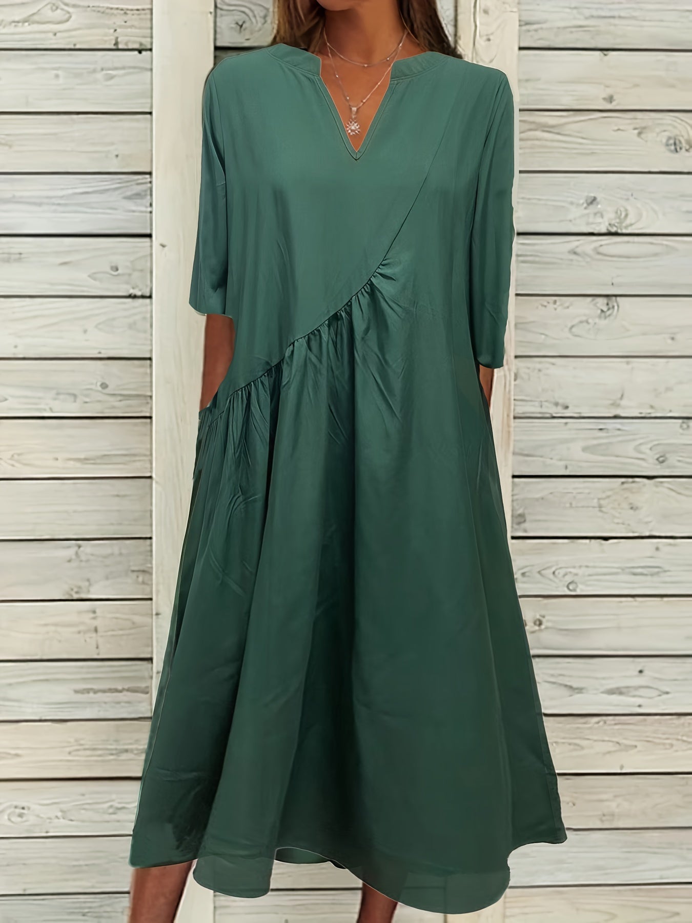 Solid V Neck Midi Dress