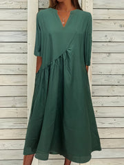 Solid V Neck Midi Dress