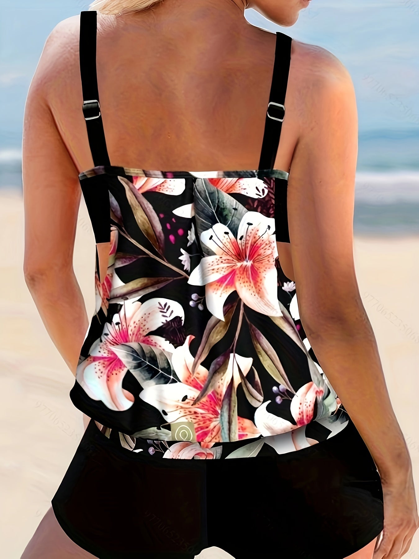 Floral Print Tankini Set Women's Plus Swimsuit Two Piece