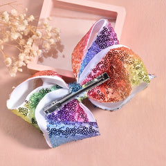 Girls Rainbow Mesh Sequin Bow Tie Hair Clip Kids Accessories