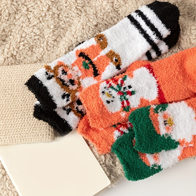 5 Pairs Cartoon Fuzzy Socks Warm Christmas Mid Tube Stockings