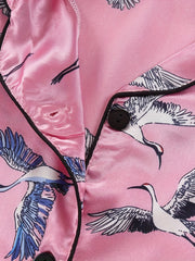 Girls 2pcs Pajamas Top & Pants Crane Print Long Sleeve Button Front PJ Set