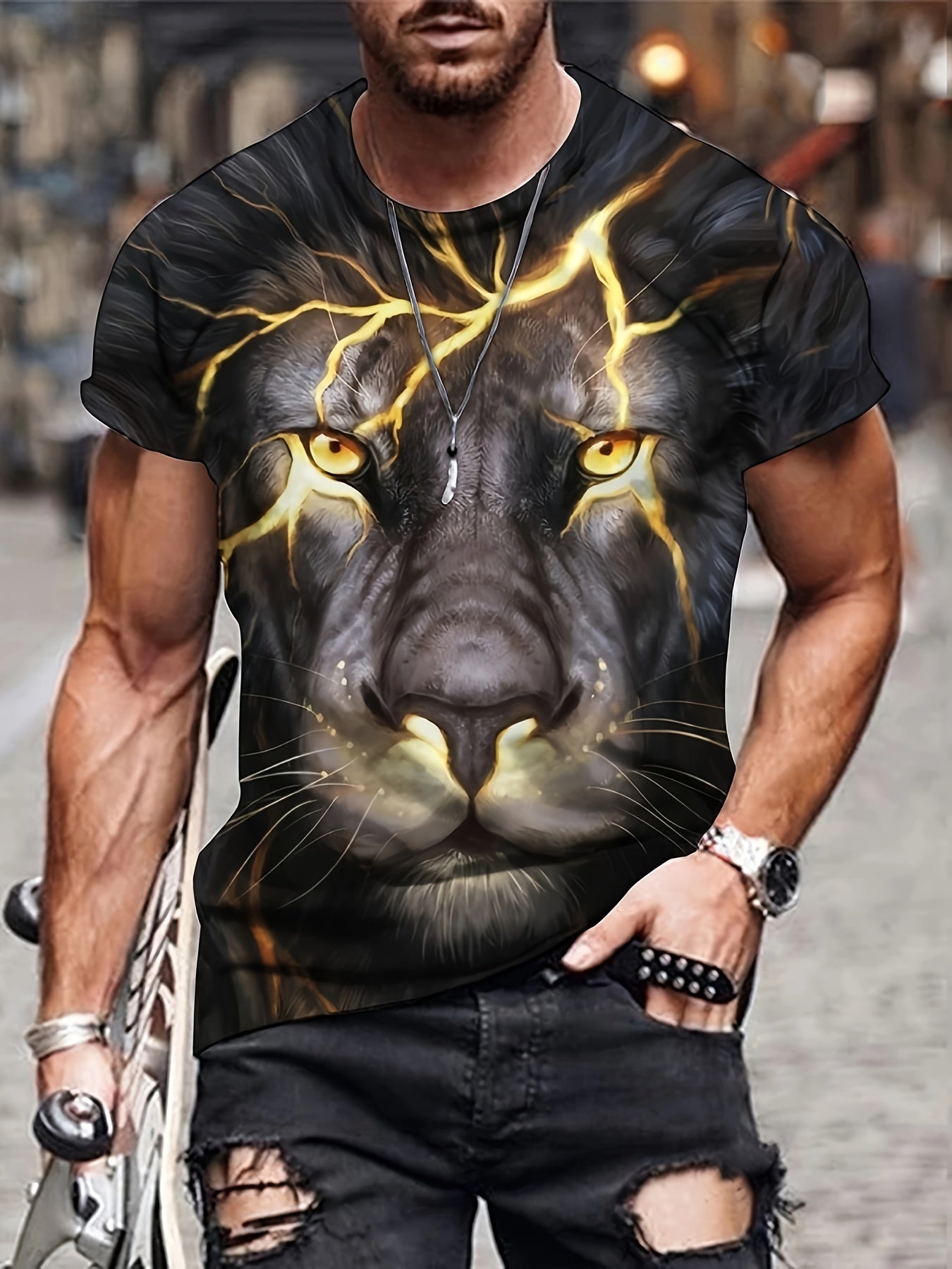 Men's 3D Lion Print T-shirt Crew Neck Tee