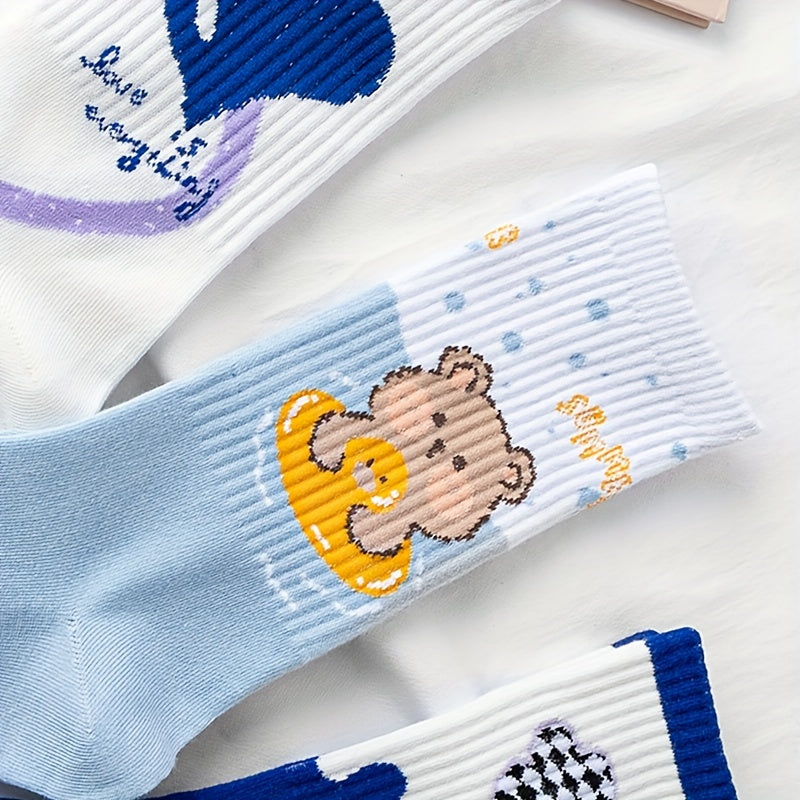 3 Pairs Bear & Heart Print Socks Comfy Women's Stockings