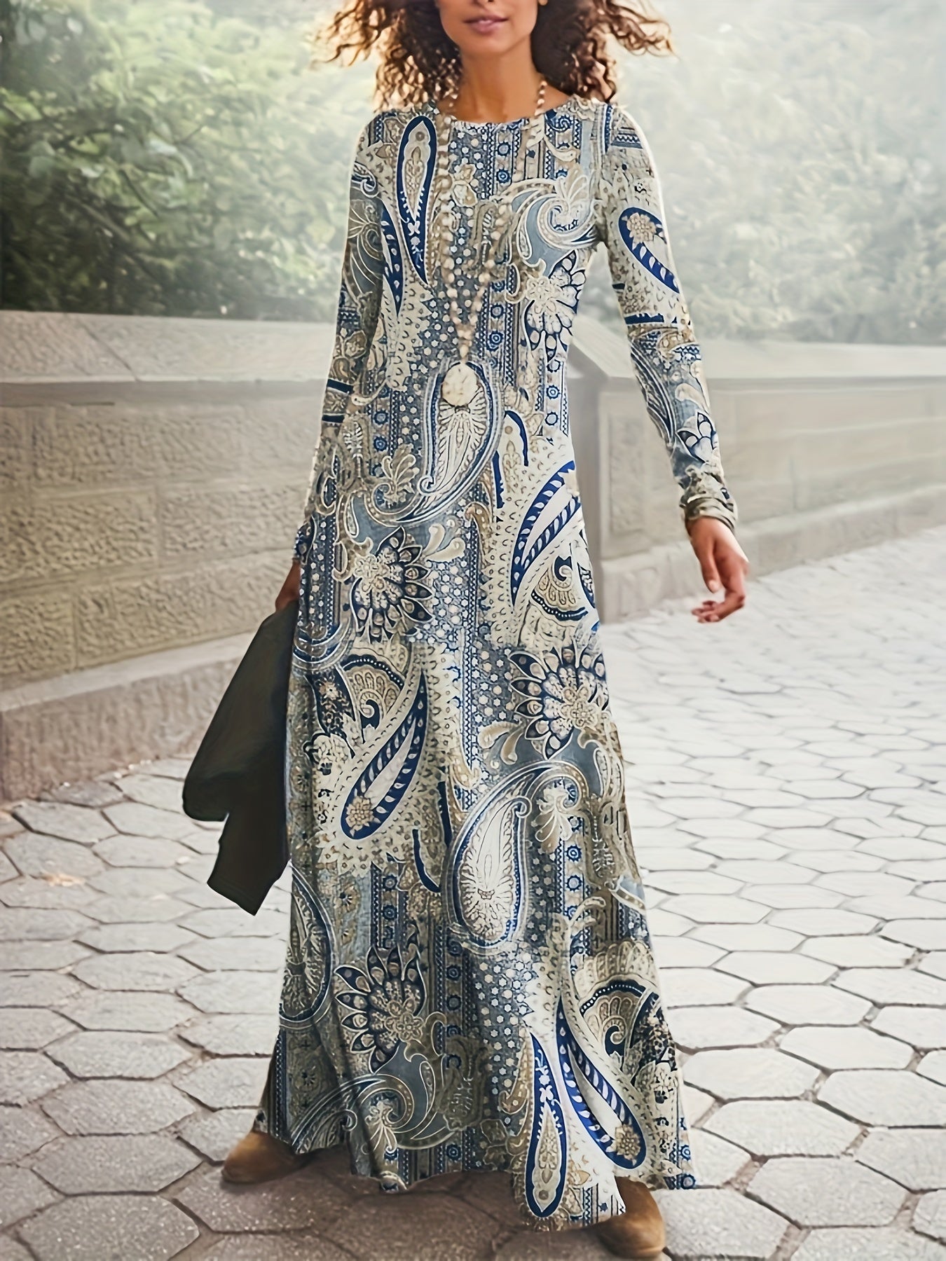 Paisley Print Maxi Dress Long Sleeve Boho Crew Neck Dress