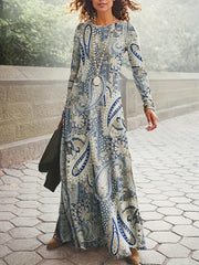 Paisley Print Maxi Dress Long Sleeve Boho Crew Neck Dress