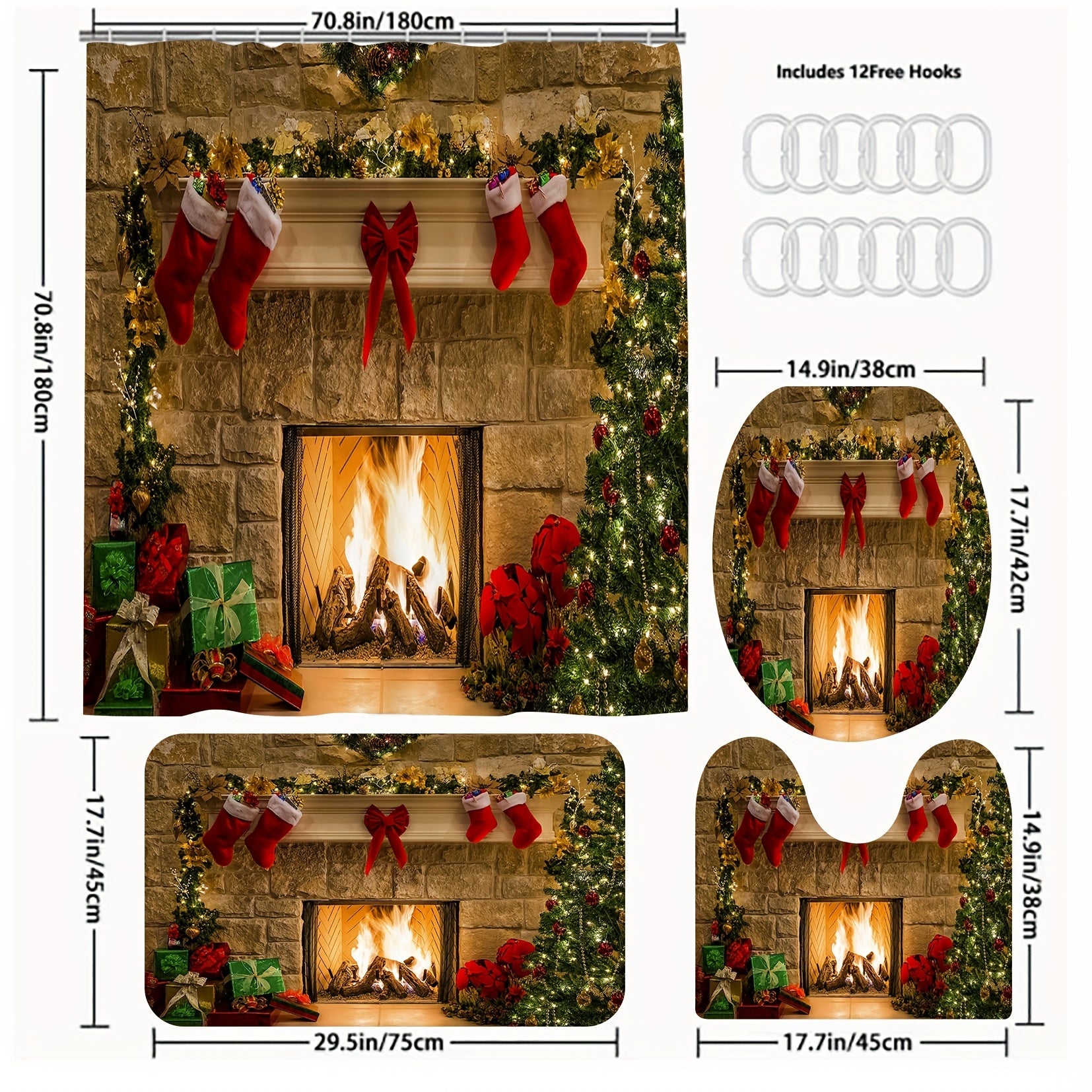 Christmas Fireplace Shower Curtain Set with 12 Hooks