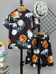 Boys Hawaiian Shirt & Shorts Set Tropical Plant Print Beach Wear Kids Summer