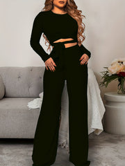 Solid Lounge Set Crew Neck Strappy Top & Pants