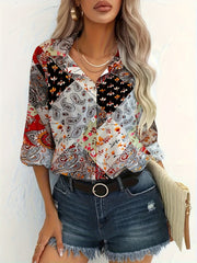 Boho Blouse Women's Plus Paisley Print Button Up Long Sleeve Blouse
