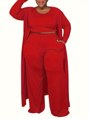Solid Long Cardigan & Crop Tank Top & Leggings 3pc Set