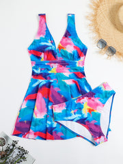 Feather Print Tank Dress & Panty Swimsuit Set 2pcs