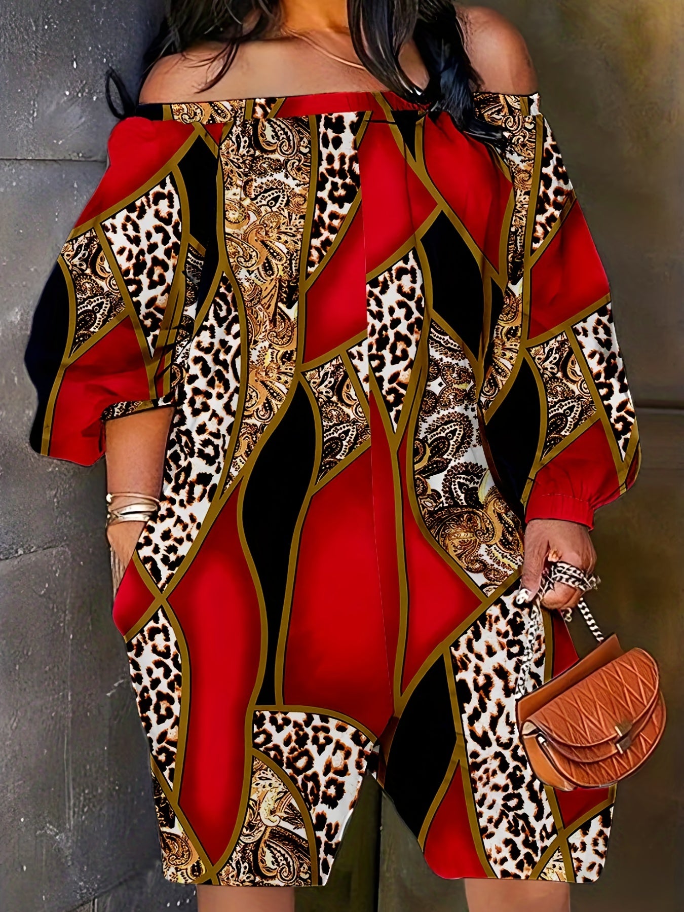 Colorblock Leopard Paisley Romper Off Shoulder Lantern Sleeve