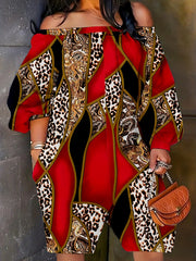 Colorblock Leopard Paisley Romper Off Shoulder Lantern Sleeve
