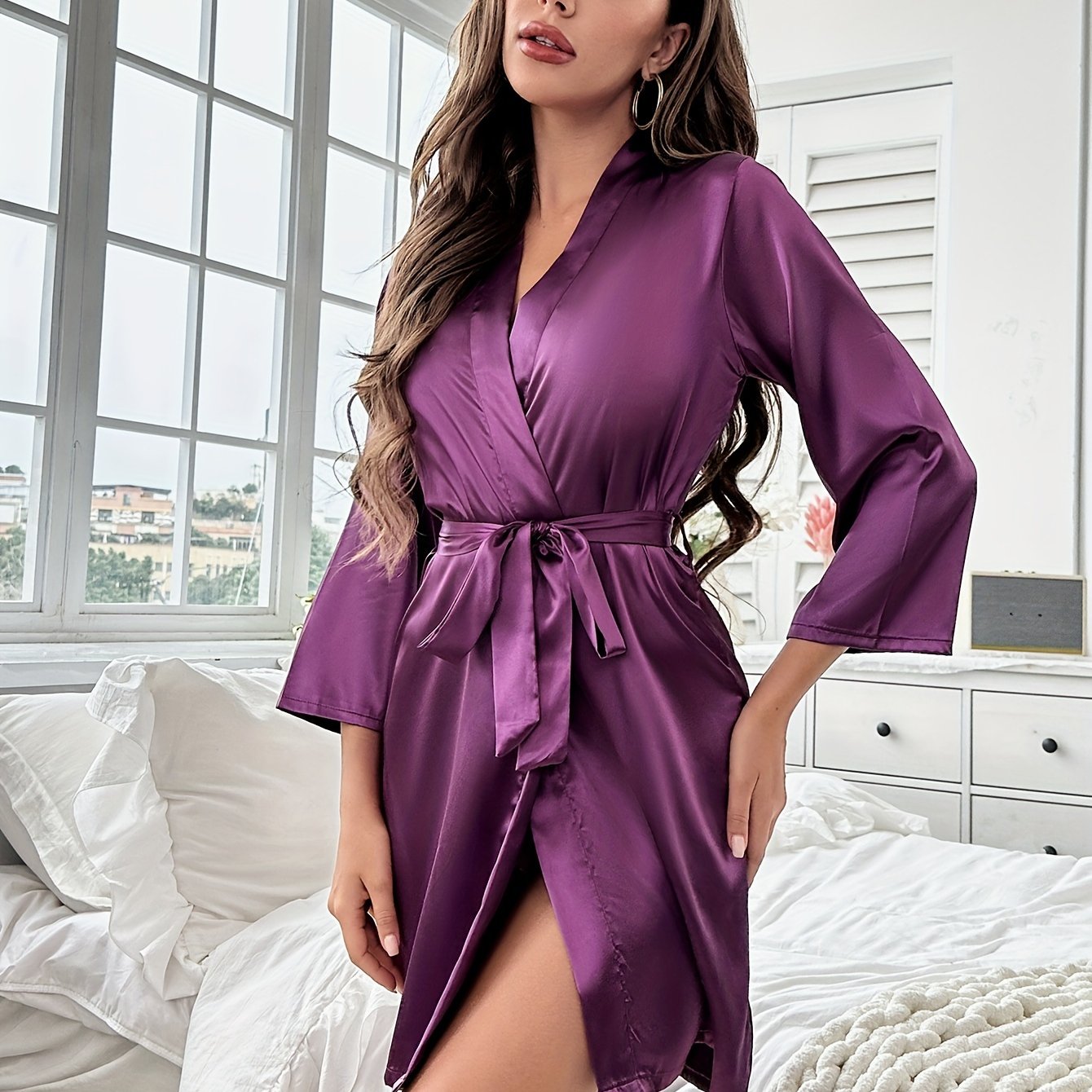 Long Sleeve V Neck Satin Night Robe for Women