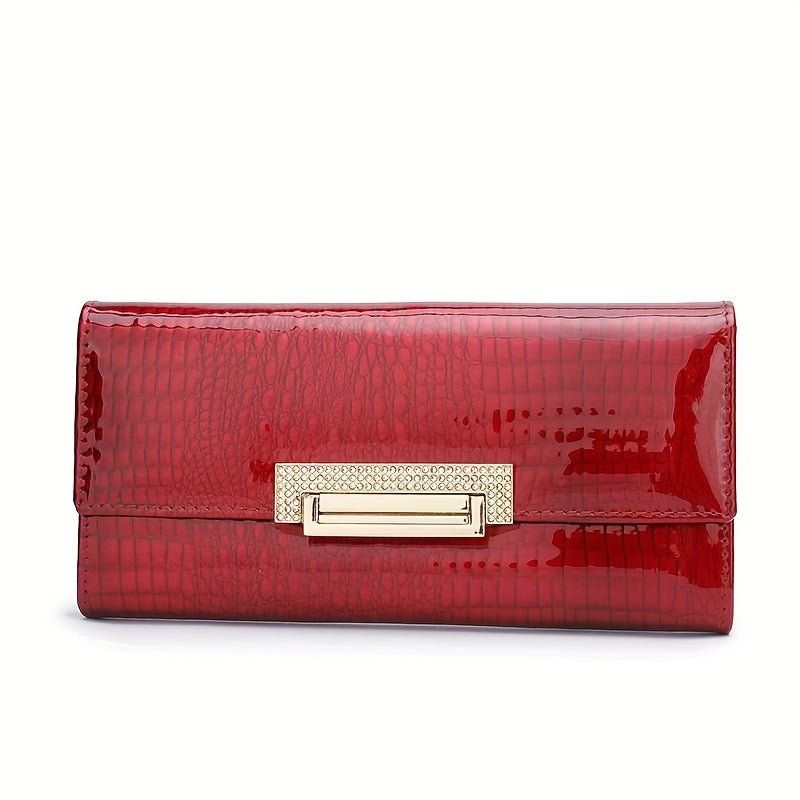 Red Patent Leather Long Clutch Purse Crocodile Texture Card Slots Golden Clasp