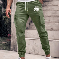 Dragon Pattern Cargo Pants Men's Flap Pocket Work Trousers