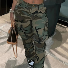Camo Print High Stretch Cargo Jeans