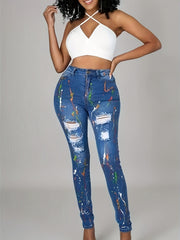 Women's Plus Graffiti Print Ripped Button Fly High Rise Skinny Jeans