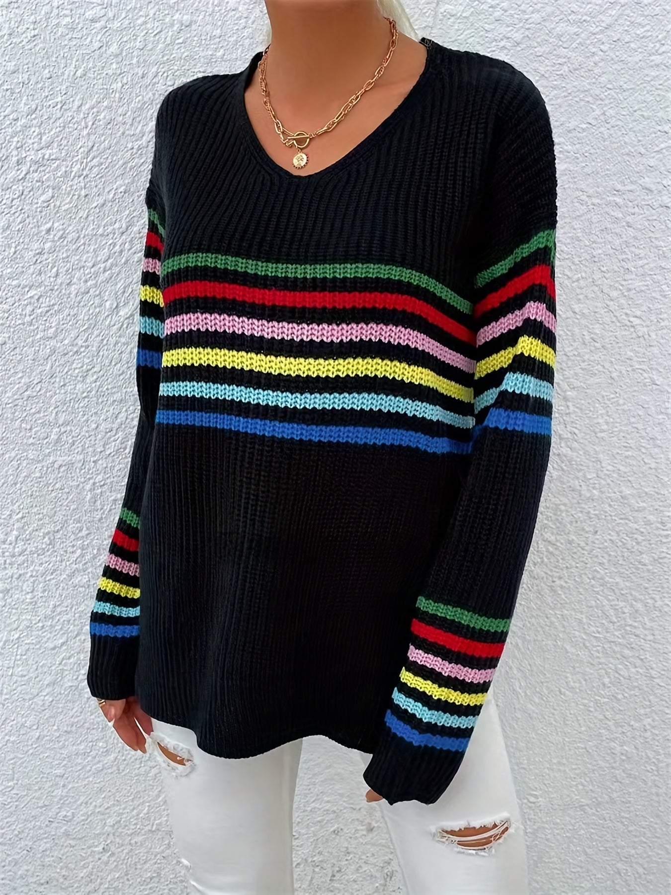 Rainbow Stripe Pullover Sweater V Neck for Women
